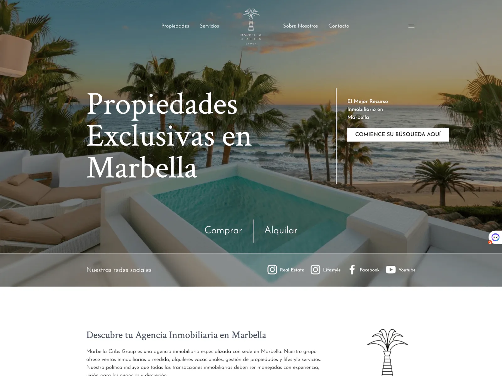 Homepage of the Marbella Cribs real estate website