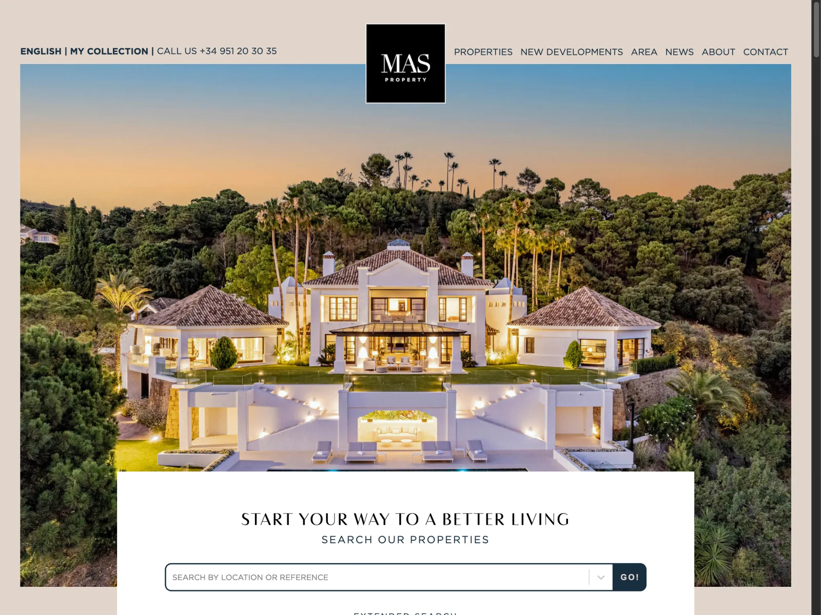 Homepage of the Mas Property Marbella website